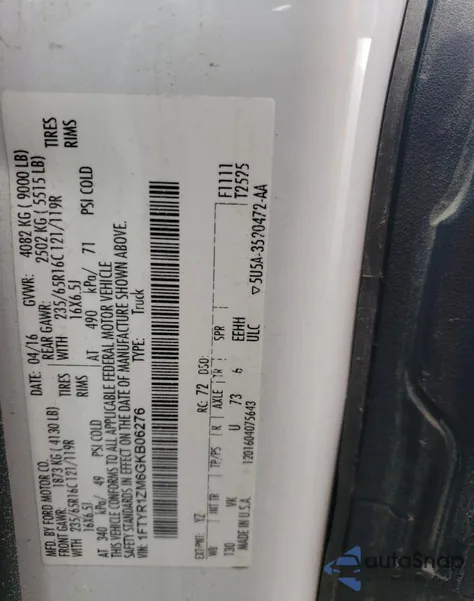 2016 Ford Transit T-250 z USA, uszkodzony, nr VIN 1FTYR1ZM6GKB06276